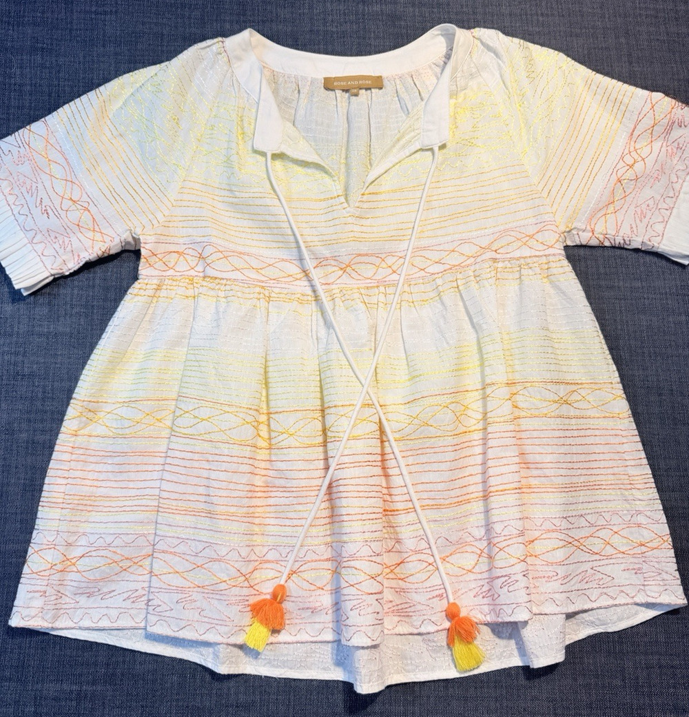 Rose and Rose Embroidered Tassel Babydoll Tunic Top Boho Twee Cottagecore Sz XS